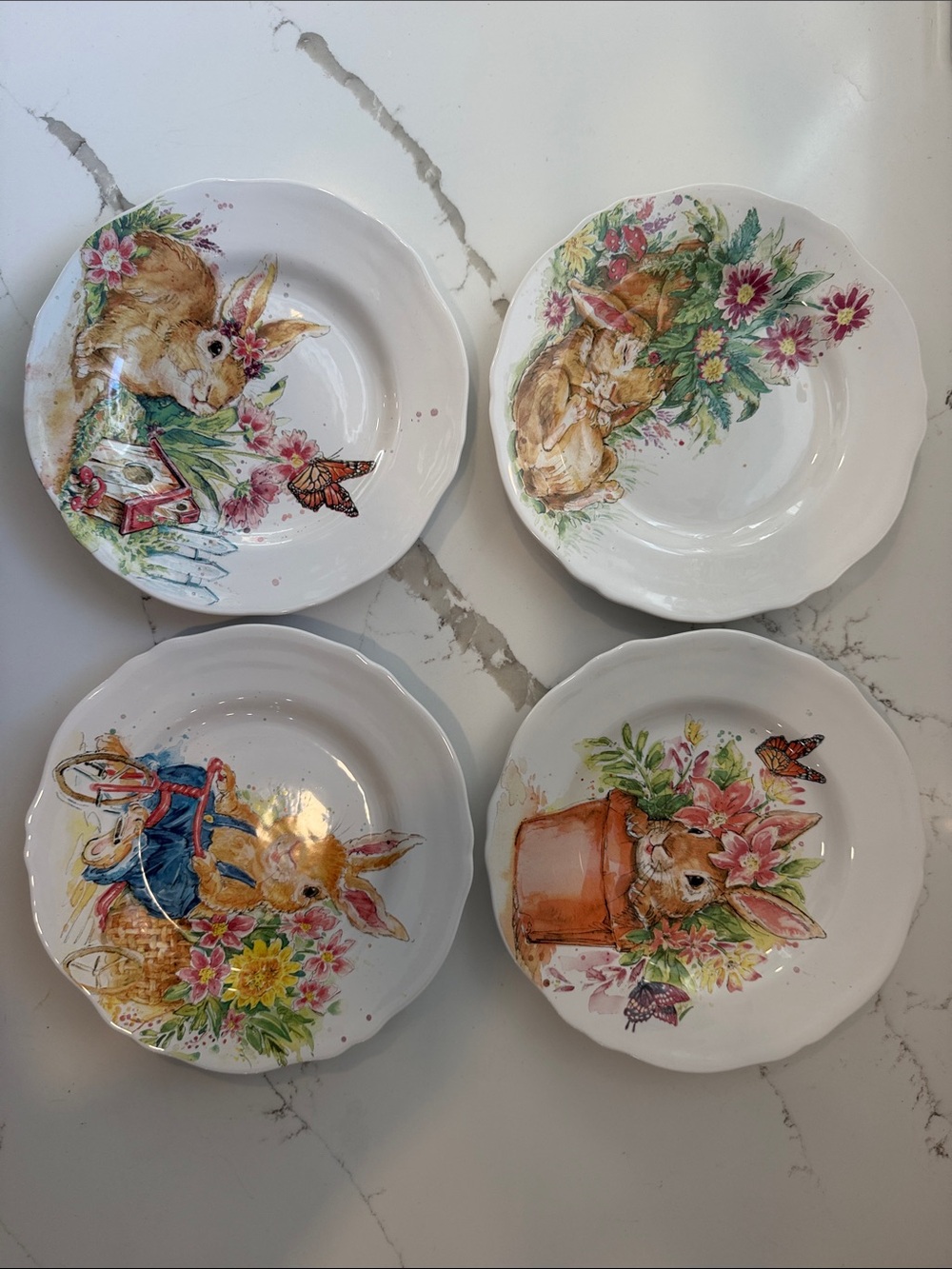 Hop Town Bunnies Easter Pier 1 Floral Ceramic Dessert Plates - Set of 4 (White)
